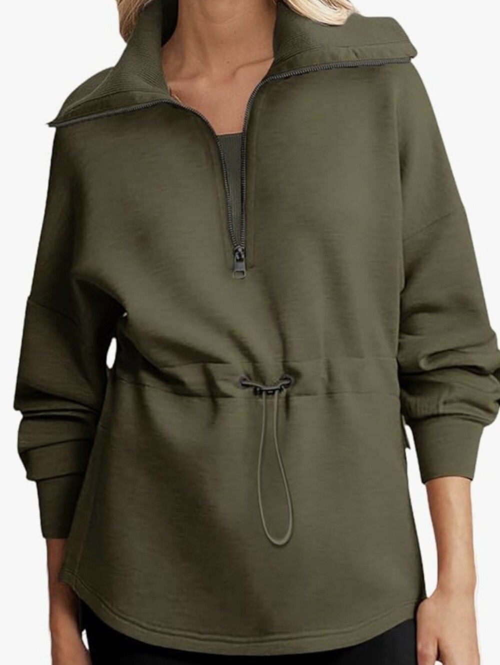 Olive Half-Zip Drawstring Pullover Hoodie